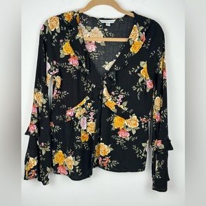 American Eagle Floral Peasant Shirt Size S Black/Multicolor Wide Ruffle Sleeve